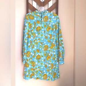 VTG XS S Vintage Mandarin Collar 1960s Dress Long Sleeve Shift Aqua Blue Floral